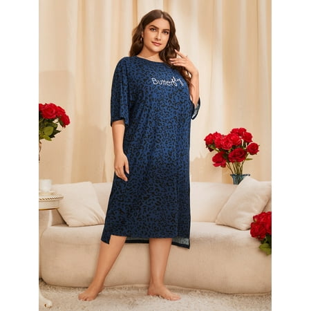 

Navy Blue Casual Women s Plus Leopard Letter Graphic Drop Shoulder High Low Hem Nightdress 4XL(20) Y22001D