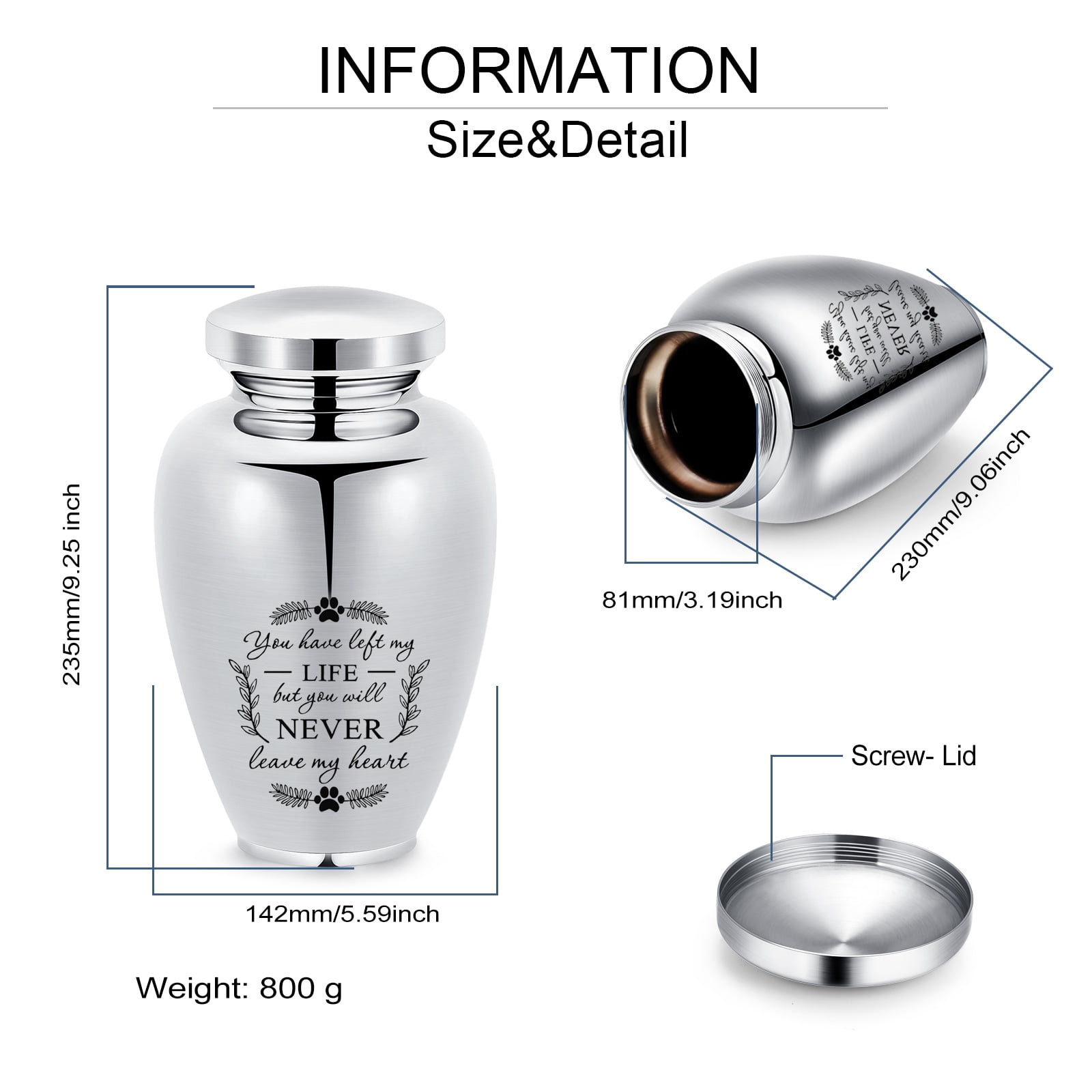 14*24cm Paw Prints Stainless Steel Keepsake Human Pet Urn for Cremation Ashes Large Capacity -You Have Left My Life But You Will Never Leave My Heart