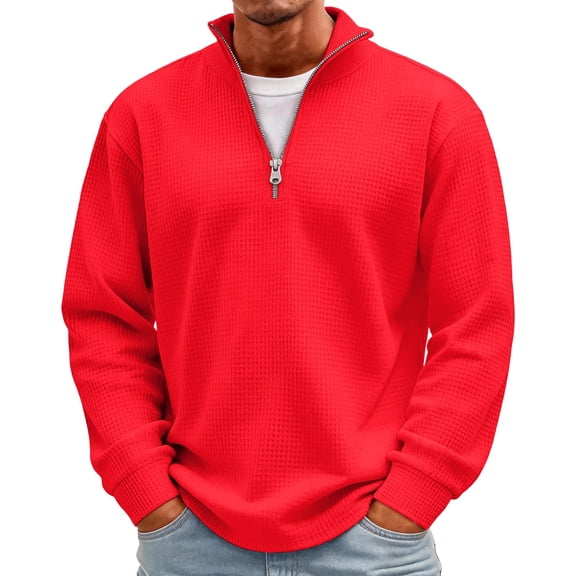 Mens Spring Fall Waffle Knit Sweater, Quarter Zip Stand Collar Long Sleeve Pullover, Ribbed Cuffs Casual Sweatshirt for Men