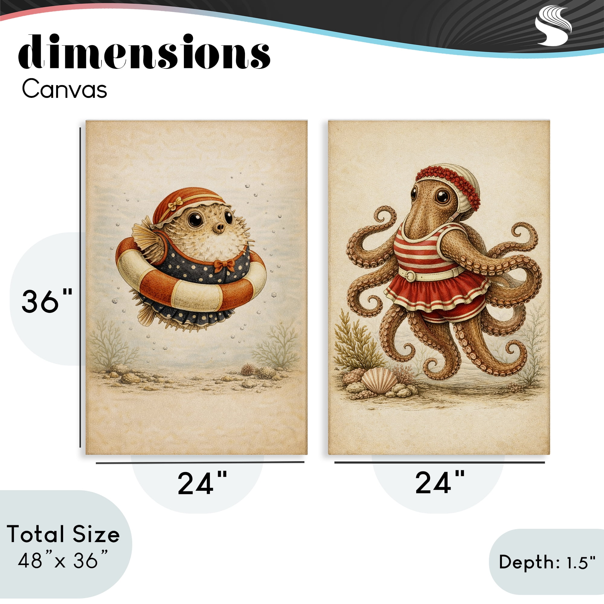 Stupell Industries Vintage Maritime Bathing Creatures 2 Piece Canvas Wall Art Set, design by Grotto Studios