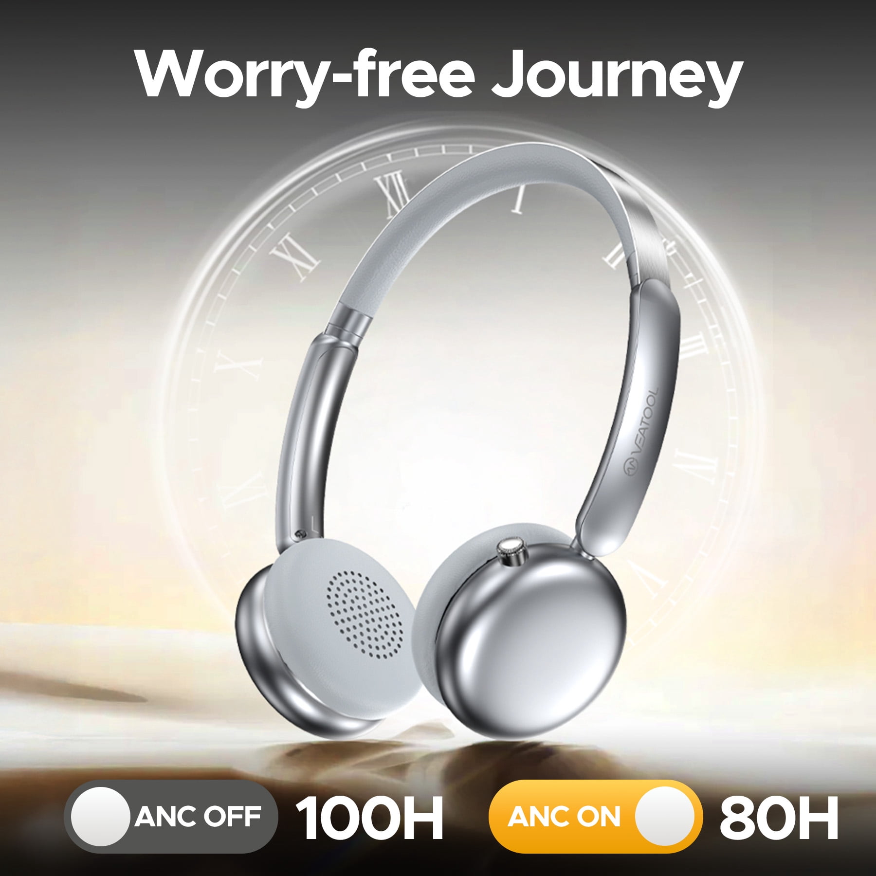 VEATOOL Mini Go Wireless Retro Headphones 100 Hours Playtime Bluetooth 5.4 Wireless ANC On-Ear Headphones LDAC Hi-Res Wireless Audio Lightweight Wireless On-Ear Headset 70S 80S Style Silver thumbnail 6