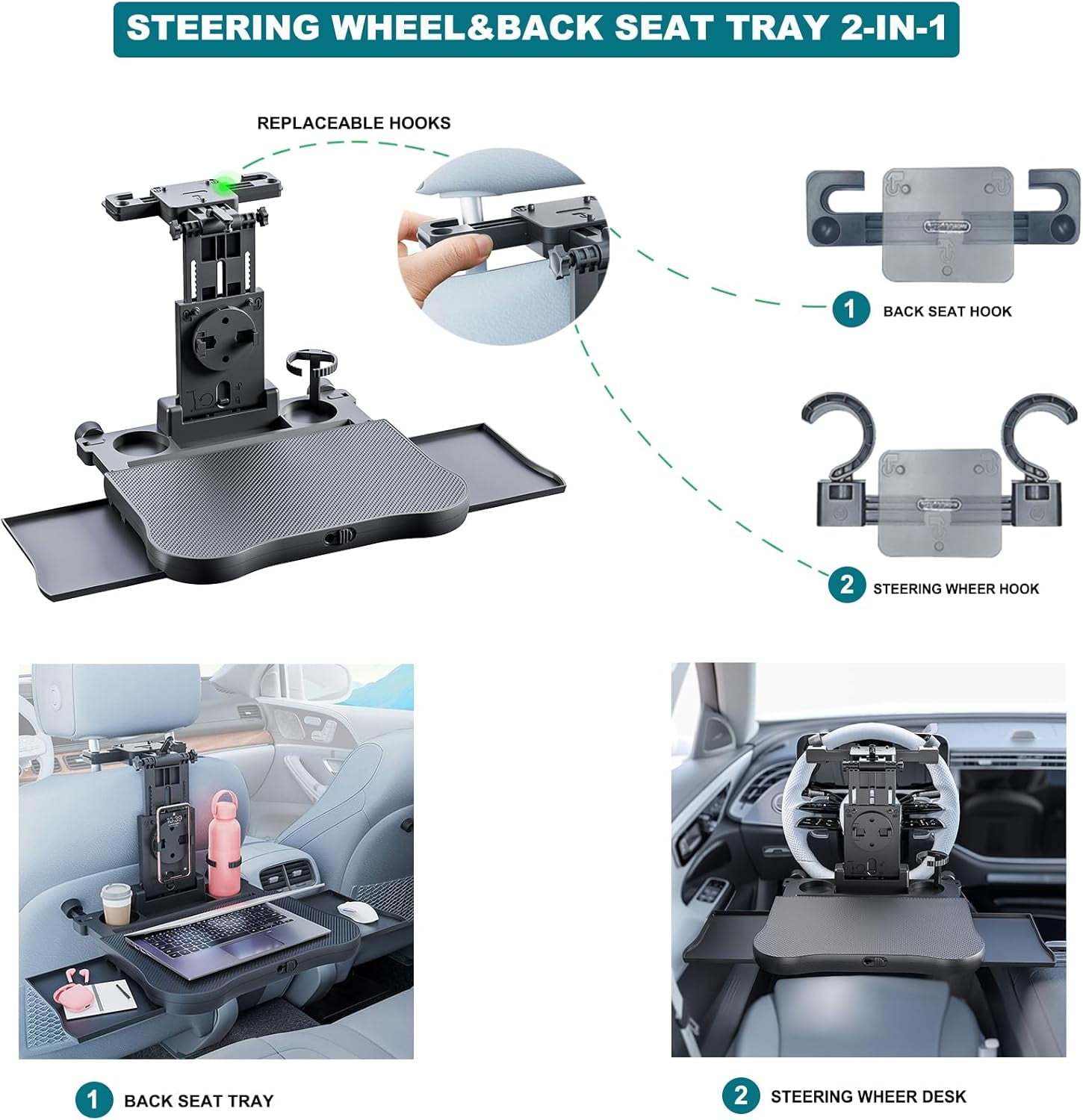 Steering Wheel Desk Car Food Eating Tray Table,Car Laptop Desk with Phone/Tablet/Cup Holder for SUVs,Trucks & Vans