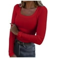 thumbnail image 2 of FAOWME Women's Casual Tops Long Sleeve Solid Color Ribbed Stretch Slim Fit Elegant Basic Tee For Daily Wear,Red,Xxxl, 2 of 5