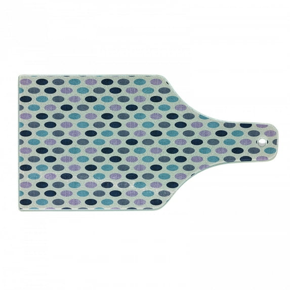 Geometric Cutting Board, Retro Retro Style Vintage Traditional Polka Dots with Grunge Texture Image, Decorative Tempered Glass Cutting and Serving Board, Wine Bottle Shape, Multicolor, by Ambesonne