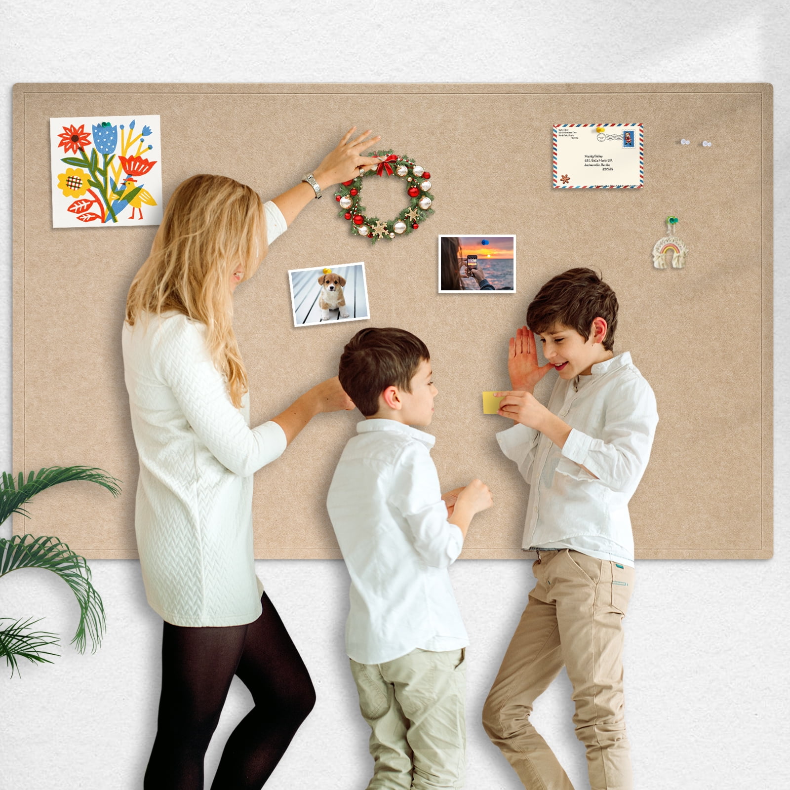 60"x36" Beige Large Bulletin Board Decorative Foldable Felt Pin Board Square Felt Wall Tiles Photo Display Board for Wall Cork Boards DIY Vision Board with Self-Adhesive Tape Home School Office Decor