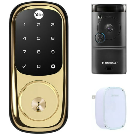 Yale Locks Assure Lock Touchscreen with Z-Wave in Polished Brass (YRD226) Smart Front Door Bundle With Xtreme WiFi Smart HD Video Doorbell Camera And Door
