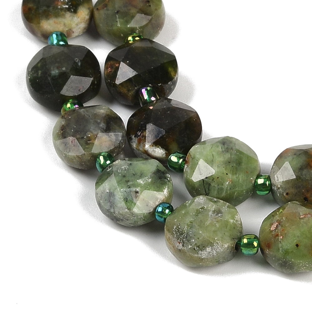 Natural Green Opal Beads Strands Faceted Pentagonal Cut Flat Round with Seed Beads 10~10.5x5~6mm Hole: 1mm about 32~33pcs/strand 15.75''(40cm)