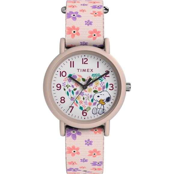 Reloj Timex unisex de 34 mm con correa floral rosa, resistente al agua hasta 30 m