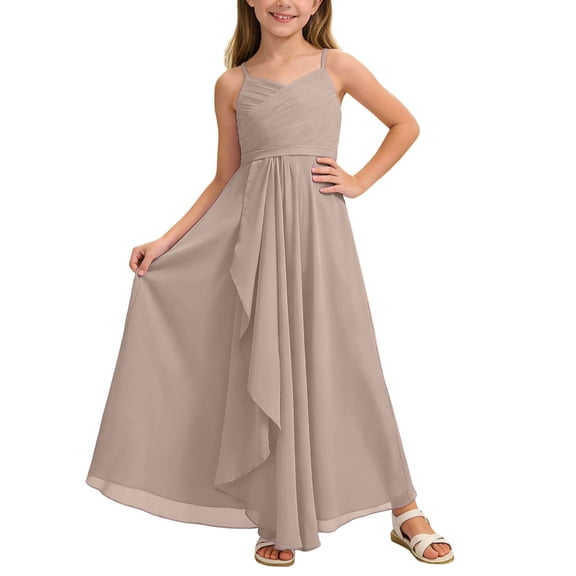 FINALGANG Girls Kids Solid Color Dress Spaghetti Strap V Neck Ruched Bodice Asymmetrical Hem Maxi Formal Party Dress For Formal Daily Wear Stylish Dress