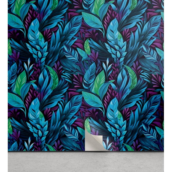 Ambesonne Tropical Dream Peel & Stick Wallpaper for Home, Mystic Jungle Leaves, 13"x36", Blue Sea Green Indigo