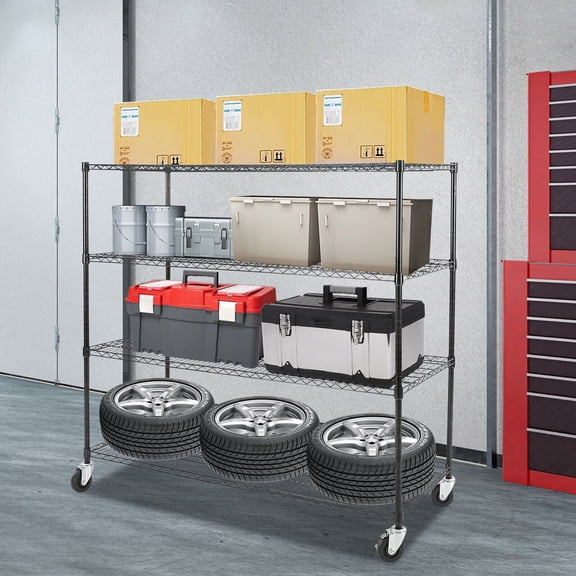 4-Tier Storage Shelf, Adjustable Storage Rack 24*60*54in Modern Black Adjustable Wire Shelving with Wheels