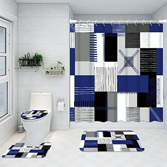 Xchenda 4pc Modern Black and White Bathroom Set Bathroom Set with Shower Curtain and Rugs and Accessories, Abstract Shower Curtain Set, Modern Abstract Bathroom Decor