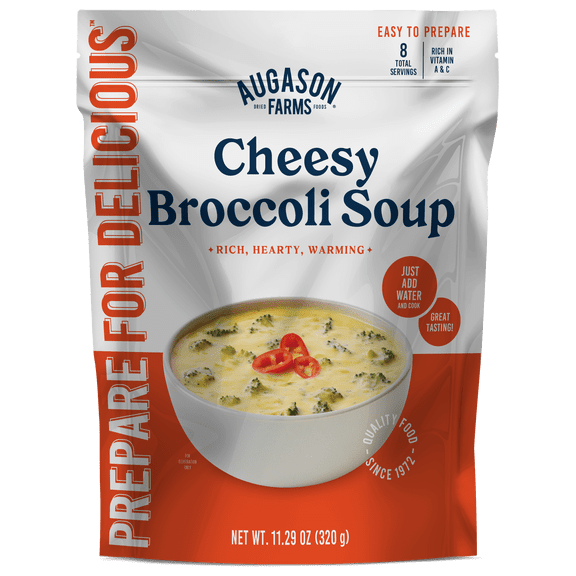Augason Farms Cheesy Broccoli Soup Pouch, 11.29 oz, Emergency Food Supply, Contains Milk