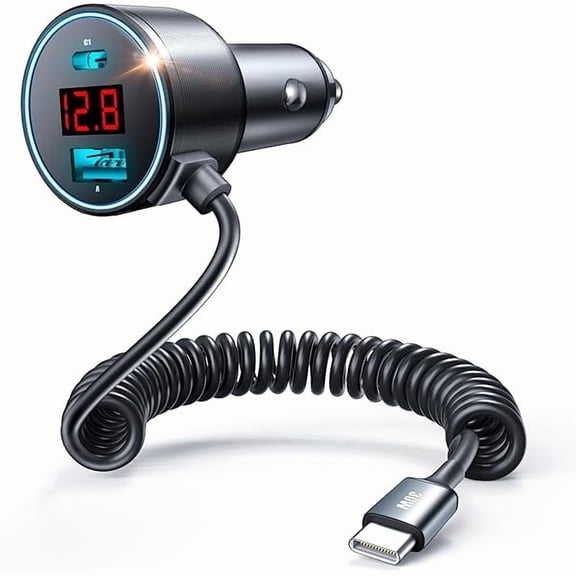 can USB C Car Charger, 75W Metal 3-Port Super Fast Car Charger Adapter PD & QC3.0 Built-in 6ft Type C Coiled Cable for Samsung Galaxy S22/21 iPhone iPad Pro Pixel Android Phones