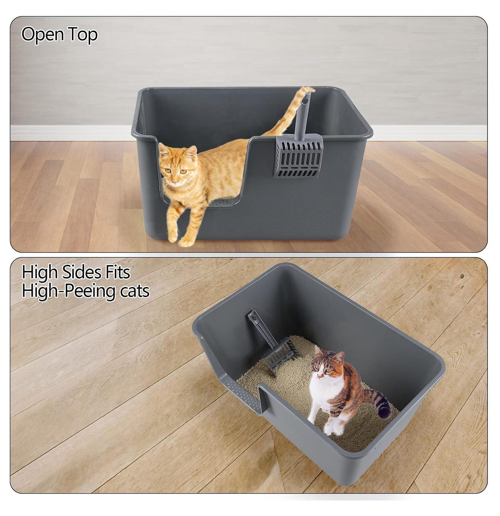 Cat Litter Boxes 2 Pack - Extra Large High Sided Pan, 24.35 x 15.12 x 12.9 Inch Gray - Open Top Cat Litter Box for Easy Access & Cleaning