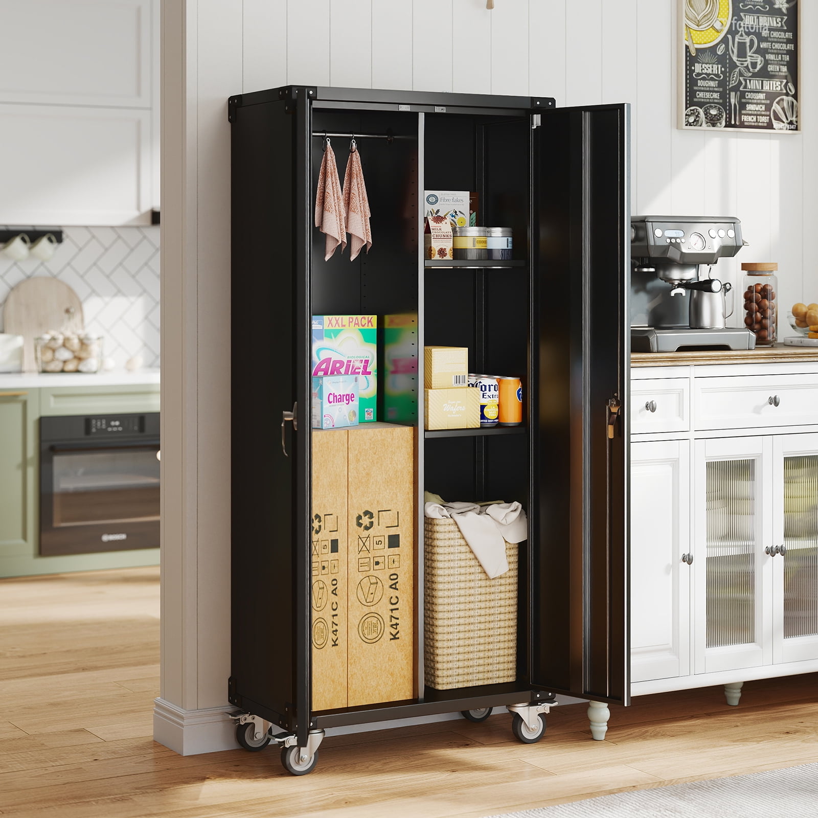 MCQ Metal Broom Storage Cabinet with Lock, Rolling Cleaning Tool Organizer for Mop, Dustpan, Garage, Laundry Room, 4 Lockable Casters, Easy Assembly