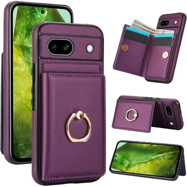 MYKOMI for Google Pixel 8A Wallet Case, Leather Case with Credit Card Holder and 360° Rotation Ring Stand, RFID Block Flip Leather Shockproof Cover