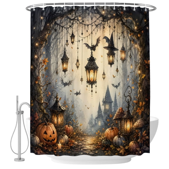 72x78 Inch Shower Curtain Pumpkins Halloween Bathroom Decor, Waterproof Fabric Bathtub Bath Curtains Decorative Horror Tree Maple Castle Extra Long Shower Curtain Set with Hooks