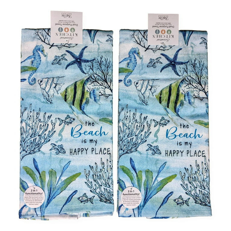 Set of 2 THE BEACH IS MY HAPPY PLACE Terry Kitchen Towels by Kay