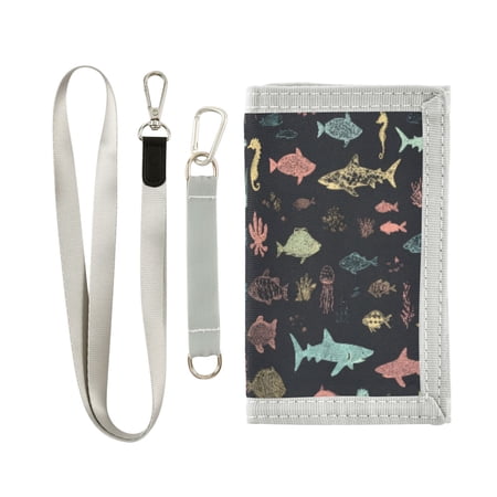 Cloth Wallet with Lanyard & Multiple Compartments Fashion Purse Zipper Clutch Bag for Cash Cards Coins Marine Life Pattern
