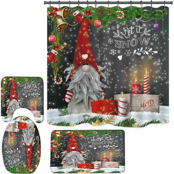 Christmas Gnome Shower Curtain Set for Bathroom, Vintage Christmas Bathroom Sets with Shower Curtain and Rugs, Xmas Themed Snowflake Shower Curtain Set with Bath Mat, Toilet Cover (G3)