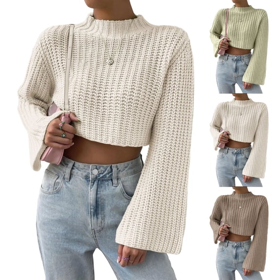 Wutalume Women's Solid Color Casual Bell Sleeve Knitted Short Sweater, Versatile Flared Sleeve Top, Lightweight Pullover for Transitional Seasons,Camel L