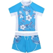 Kids Girls Floral Print 2 Piece Swimsuit Short Sleeve Swim Shirt Drawstring Boyshorts Bathing Suit