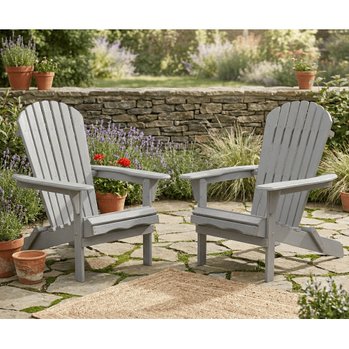 Howcool Folding Adirondack Chair, Wooden Textured Outdoor Patio Lounge Chair with Cup Holder, Set of 2, All-Weather Garden, Backyard, Poolside, Deck, Silver Grey