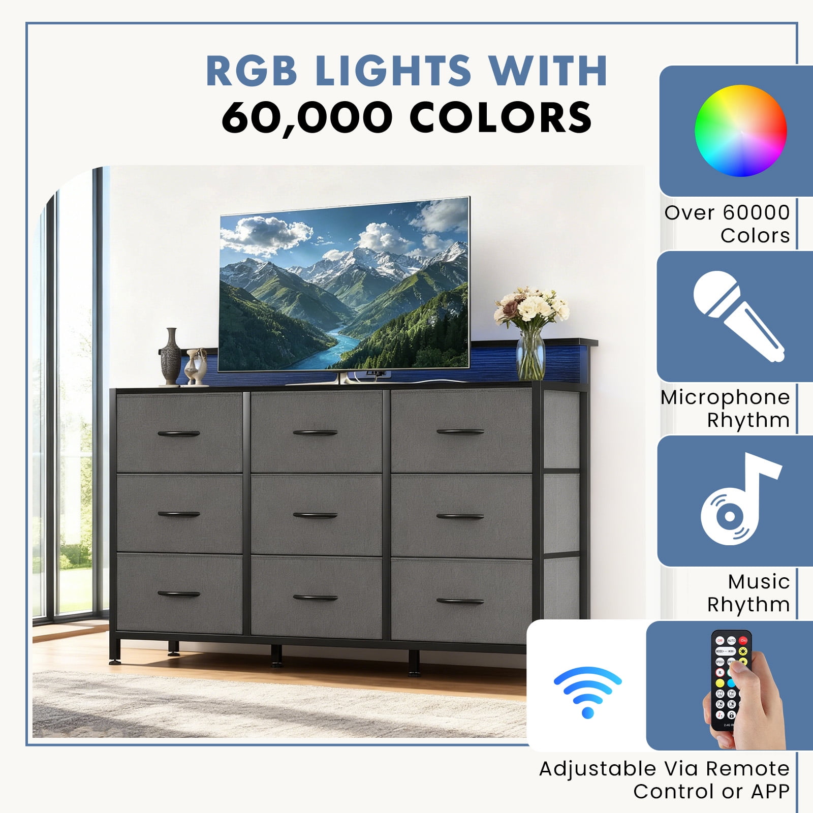 edx 9-Drawer Fabric Dresser TV Stand, Multifunctional Storage Cabinet with Power Outlets & LED Light, Gray