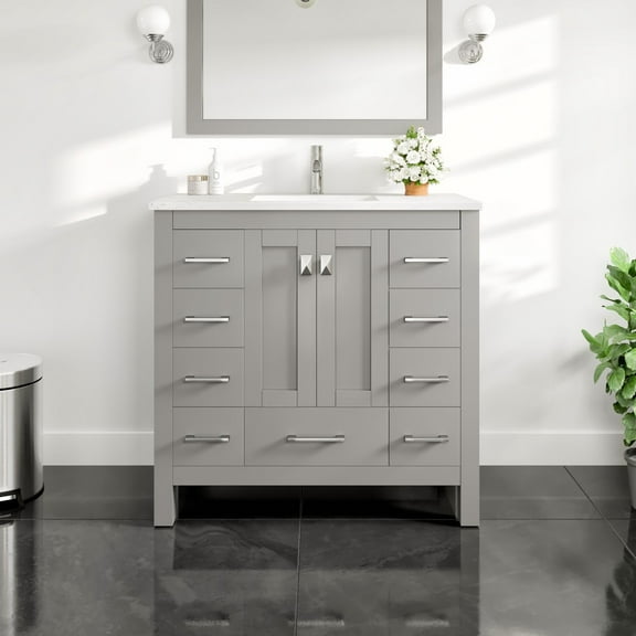 Eviva Hampton 36" x 18" Gray Transitional Bathroom Vanity with White Carrara Quartz Countertop