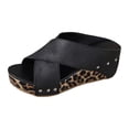 thumbnail image 6 of Rokment Leopard Platform Wedge Sandals for Women Fashion Casual Studded Cross-Band Leather Open Toe Backless Slip on Chunky High Heels Dress Slides Beach Summer Comfortable Black Size 6, 6 of 7