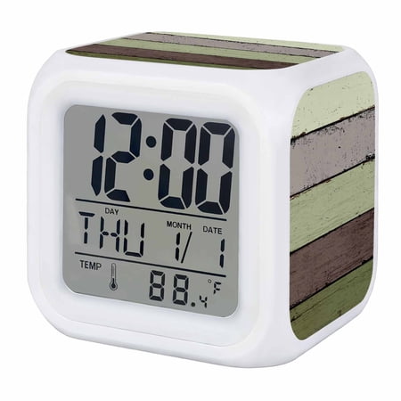 Alarm Clocks Sage Green Wood Grain Digital Clock 7 Color LED Night Light Silent Non Ticking Battery