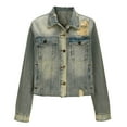 thumbnail image 3 of Women's Cropped Jean Jacket with Pockets Vintage Distressed Short Ladies Denim Jackets Streetwear Coats Blue L, 3 of 5