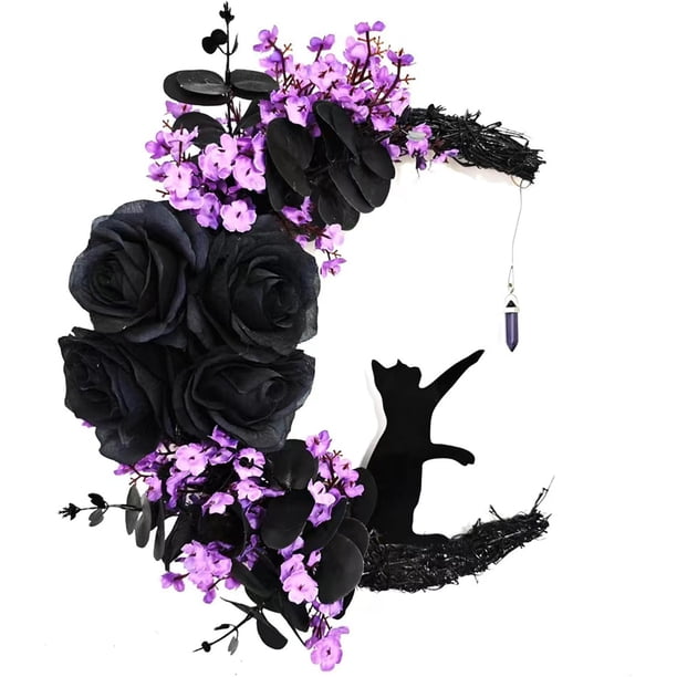 2024 Nueva corona de Halloween, coronas de gato negro de luna de Halloween con luces, decoración del hogar para colgar, corona de gato negro de luna de flores, decoración de pared de fiesta para el ho
