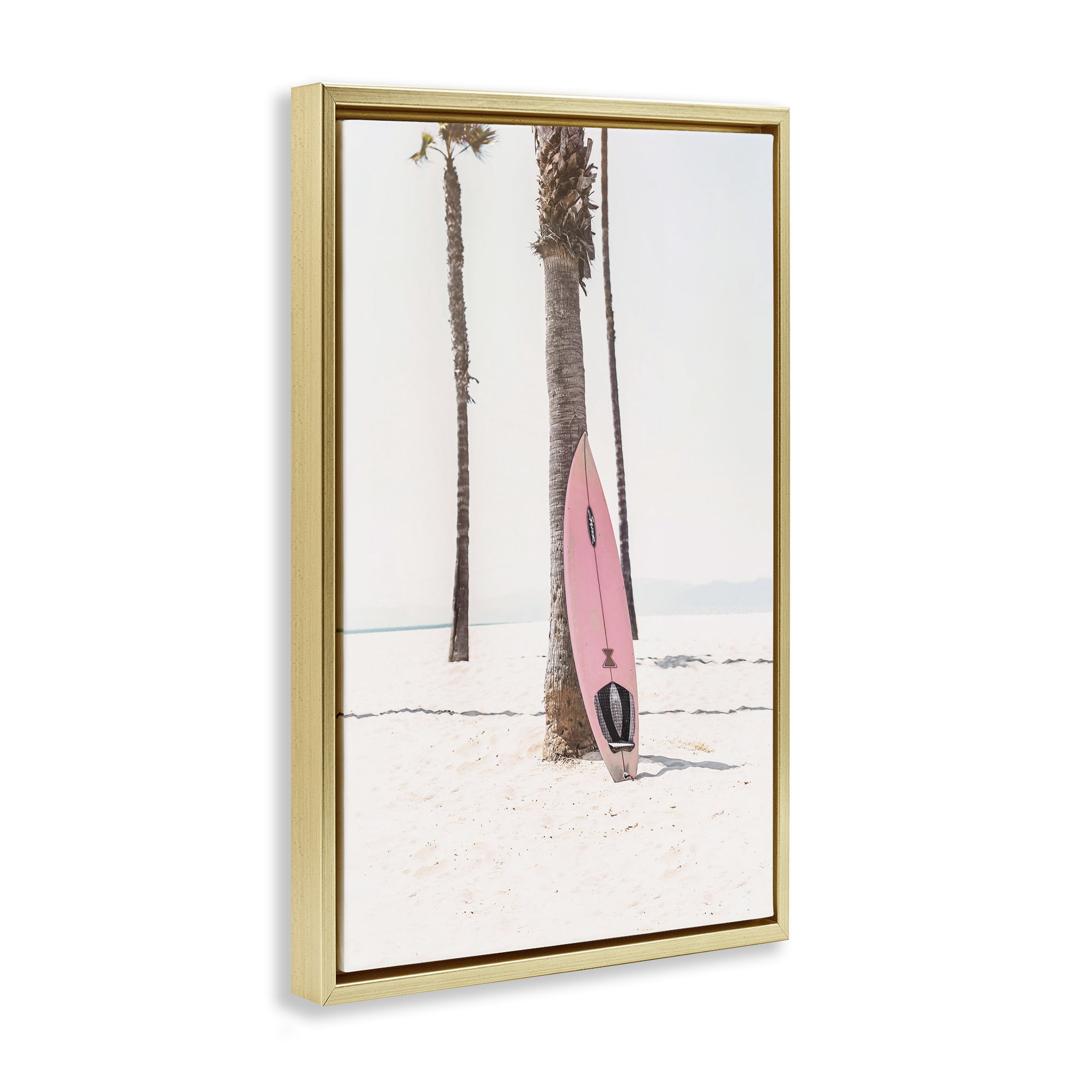 Stupell Industries Pink Surf Board Coastal Photography Gold Floater Framed Canvas Art Print Wall Art, 21 x 31