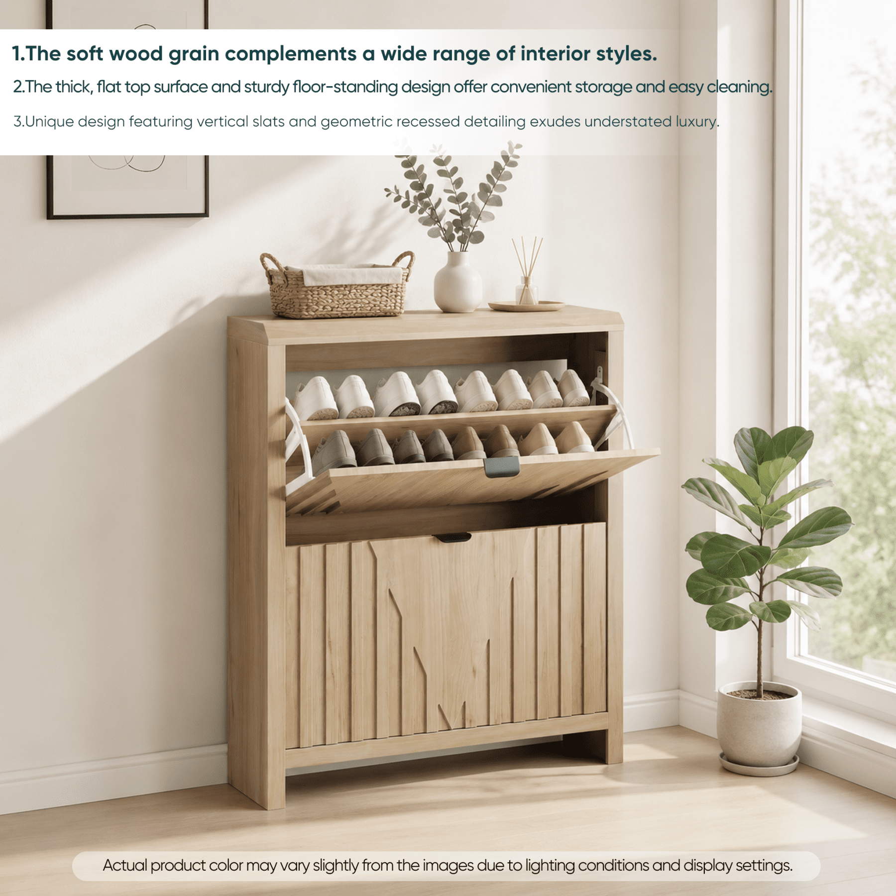 Leumius Shoe Cabinet Storage with 2 Flip Drawers,Wood Shoe Cabinet with Vertical Carved Panels,Freestanding Shoe Storage Cabinet for Entryway Hallway,Oak