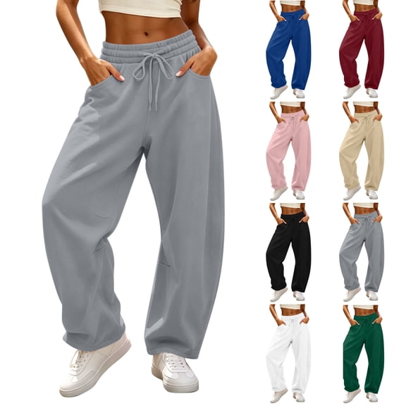 Vhkiploz Plus Size Wide Leg Joggers for Women's Drawstring High Elastic Waist Pants Solid Hiking Vacation Trousers with Side Pockets