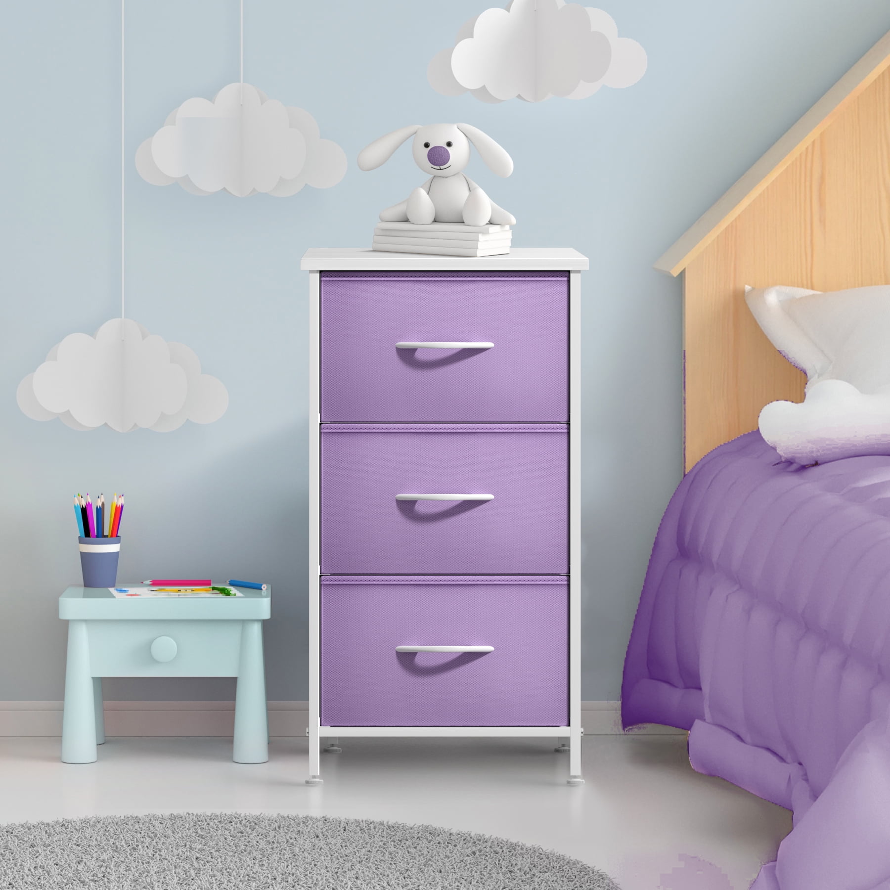 Sorbus 3-Drawer Nightstand with Steel Frame, Wood Top, Fabric Bins, Purple