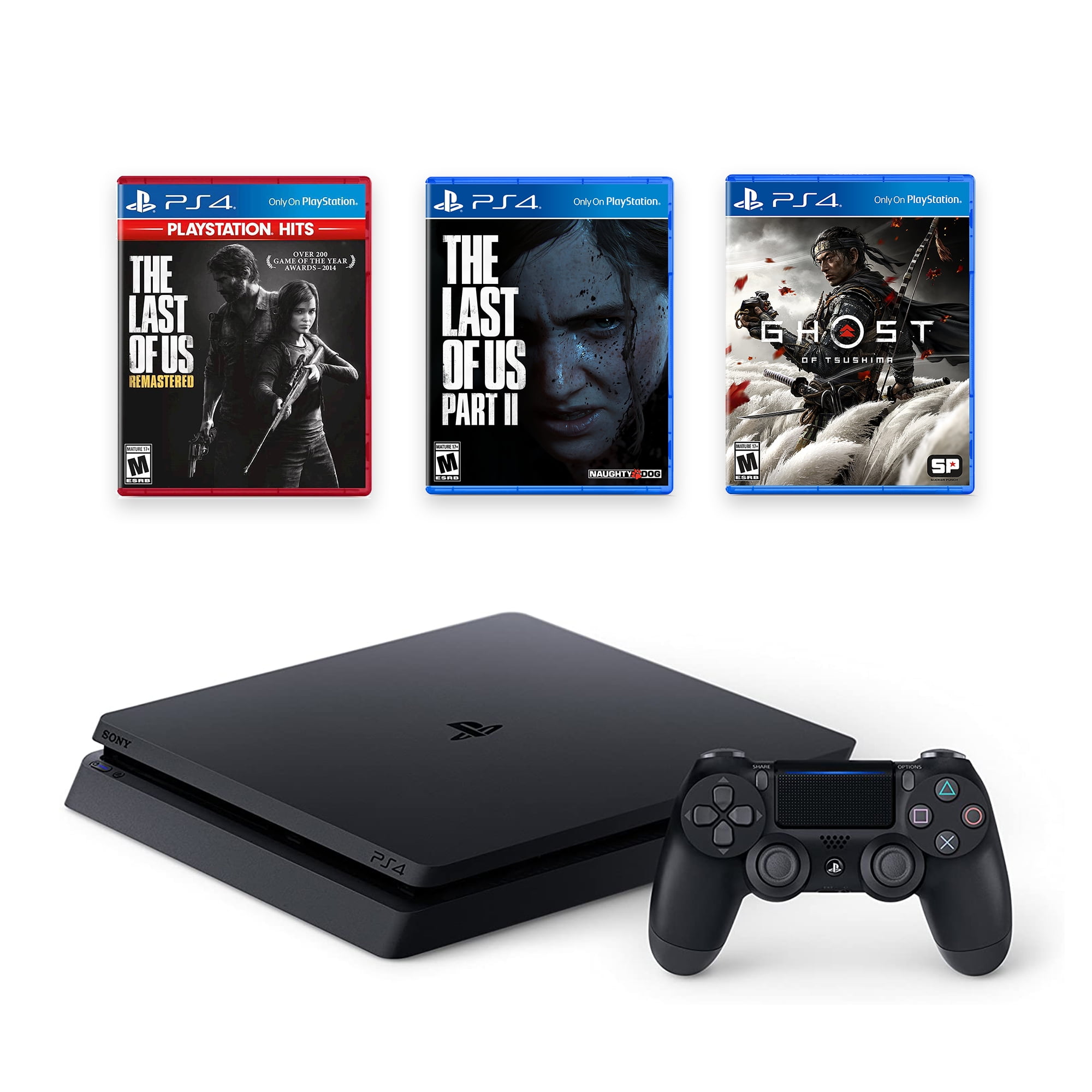 PlayStation 4 1TB with The Last of Us and Ghost Tsushima - PS4 Slim 1TB Jet Black Gaming Wireless Controller and Games - Walmart.com