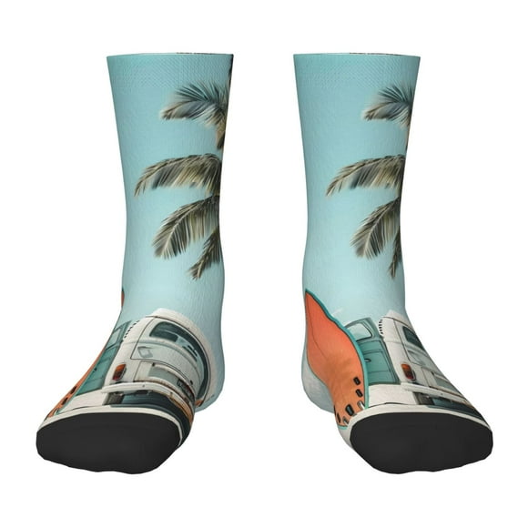 Wukai Vintage Surf Van Beach for Children's Mid-tube Socks, Elastic Contrast Color Sports Socks, Suitable for Boys and Girls Aged 6-10
