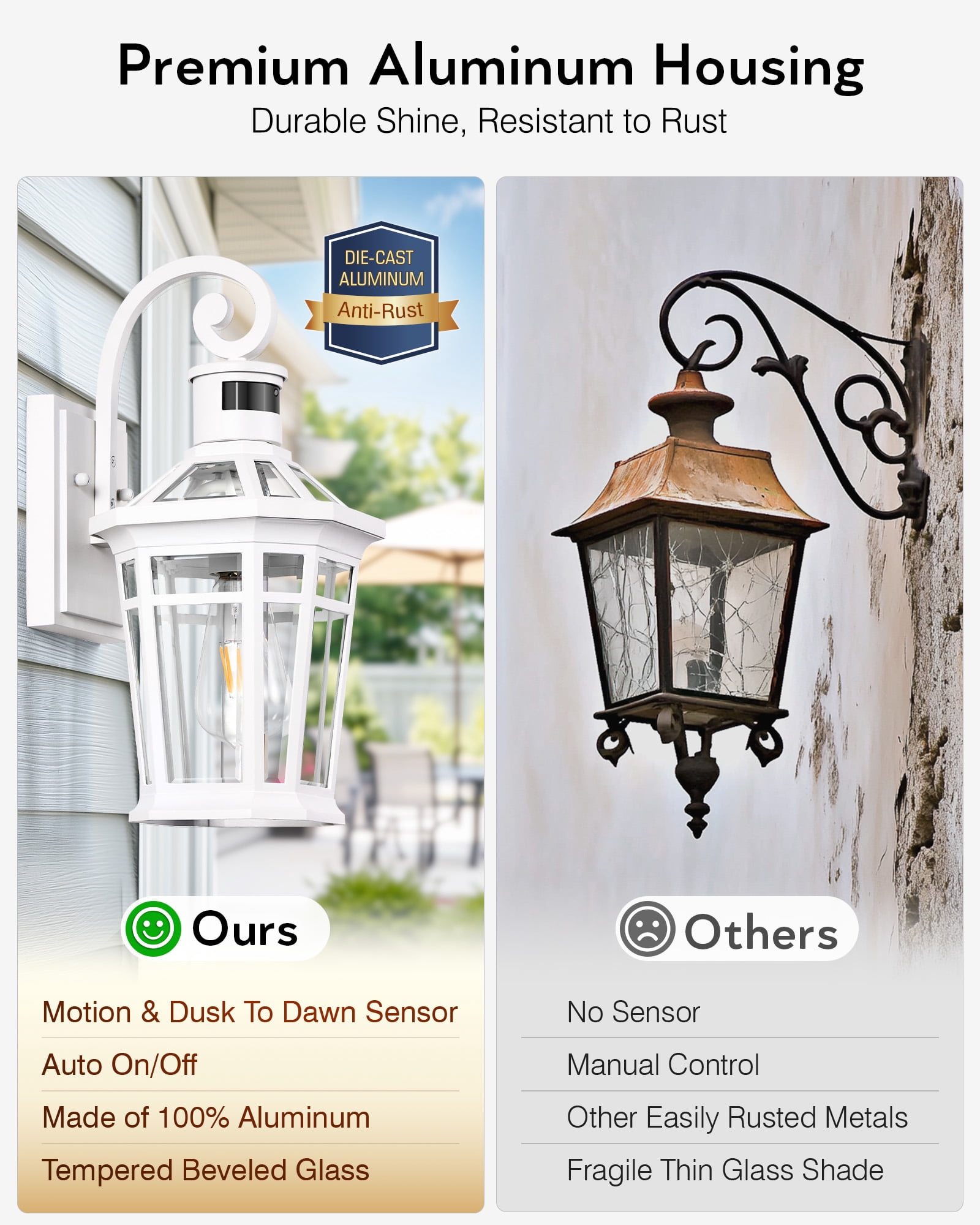 OPAXIS Motion Sensor Outdoor Wall Sconce, White Outdoor Garage Lighting Fixtures, 2-Pack Front Porch Lights Wall Mount with E26 Base, Waterproof Exterior Lantern for House with Adjustable Sensitivity