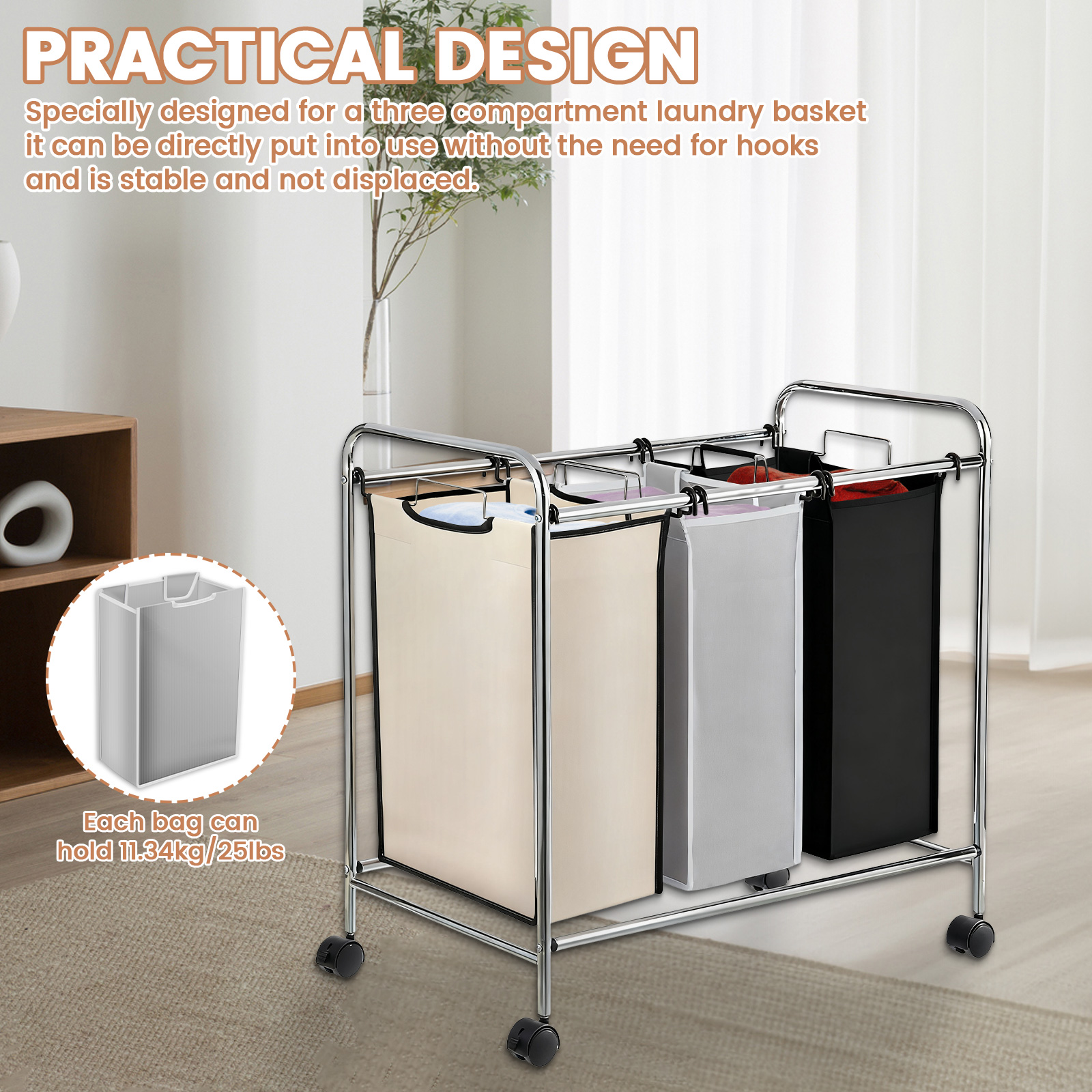 Threns 3Pcs Laundry Sorter Replacement Bag Laundry Hamper Cart Removable Replacement Bag Hamper Liner No Hook 15 x 9 x 22 Inch