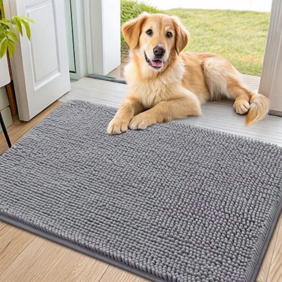 Dog Door Mat for Muddy Paws 36x24, Absorbs Moisture and Dirt Doormat, Non-Slip Washable Quick Dry Chenille Front Door Mat Indoor Entrance, Entryway Carpet for Inside Floor, Grey