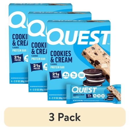(3 pack) Quest Protein Bar, Cookies & Cream, 21g Protein, Gluten Free, 4 Count
