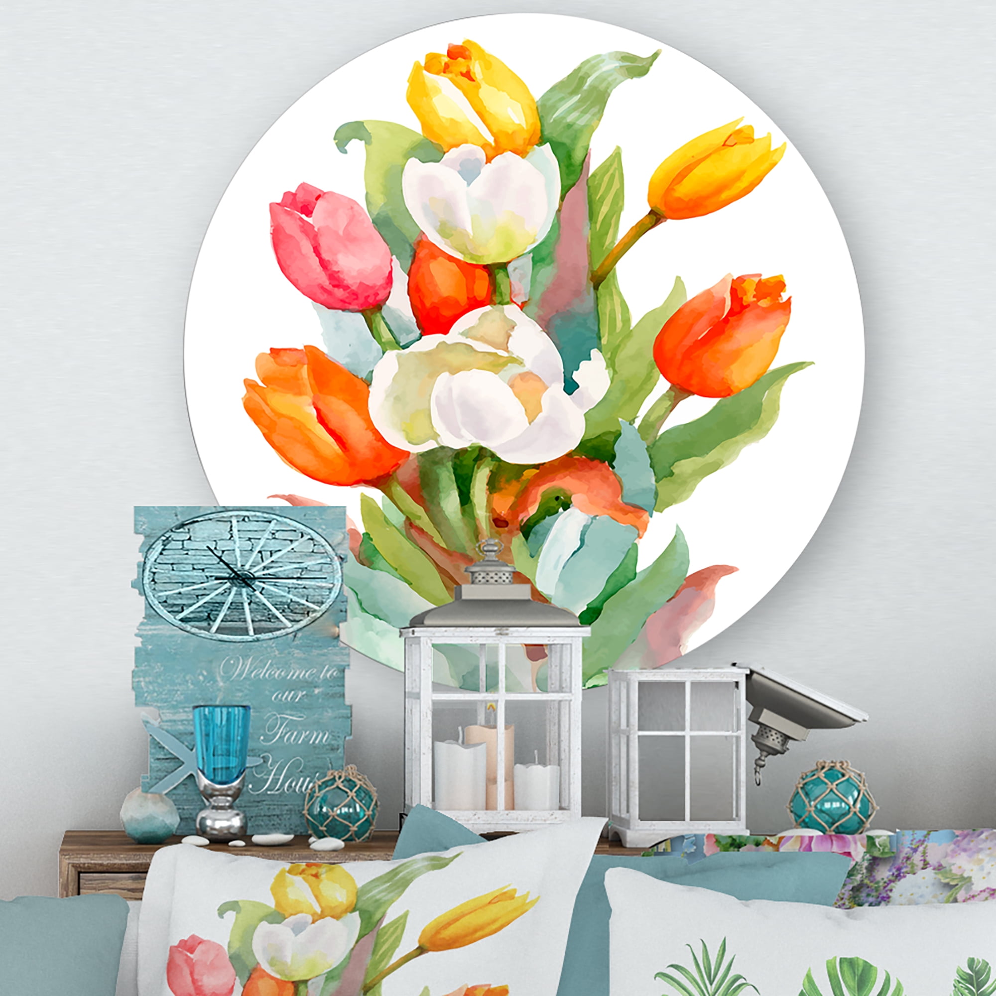 Designart 'Blooming Orange and White Tulips Flower' Traditional Circle Metal Wall Art 23x23 - Disc of 23