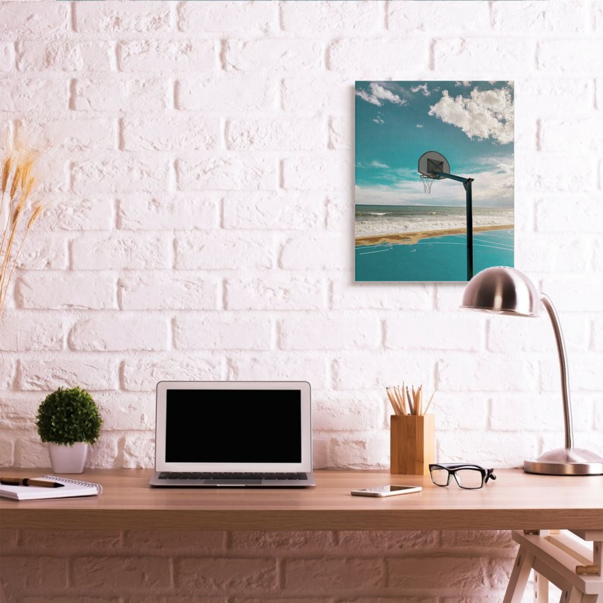 Stupell Industries Vibrant Blue Basketball Hoop Coastal Beach Court Design by Unsplash, 24" x 30"