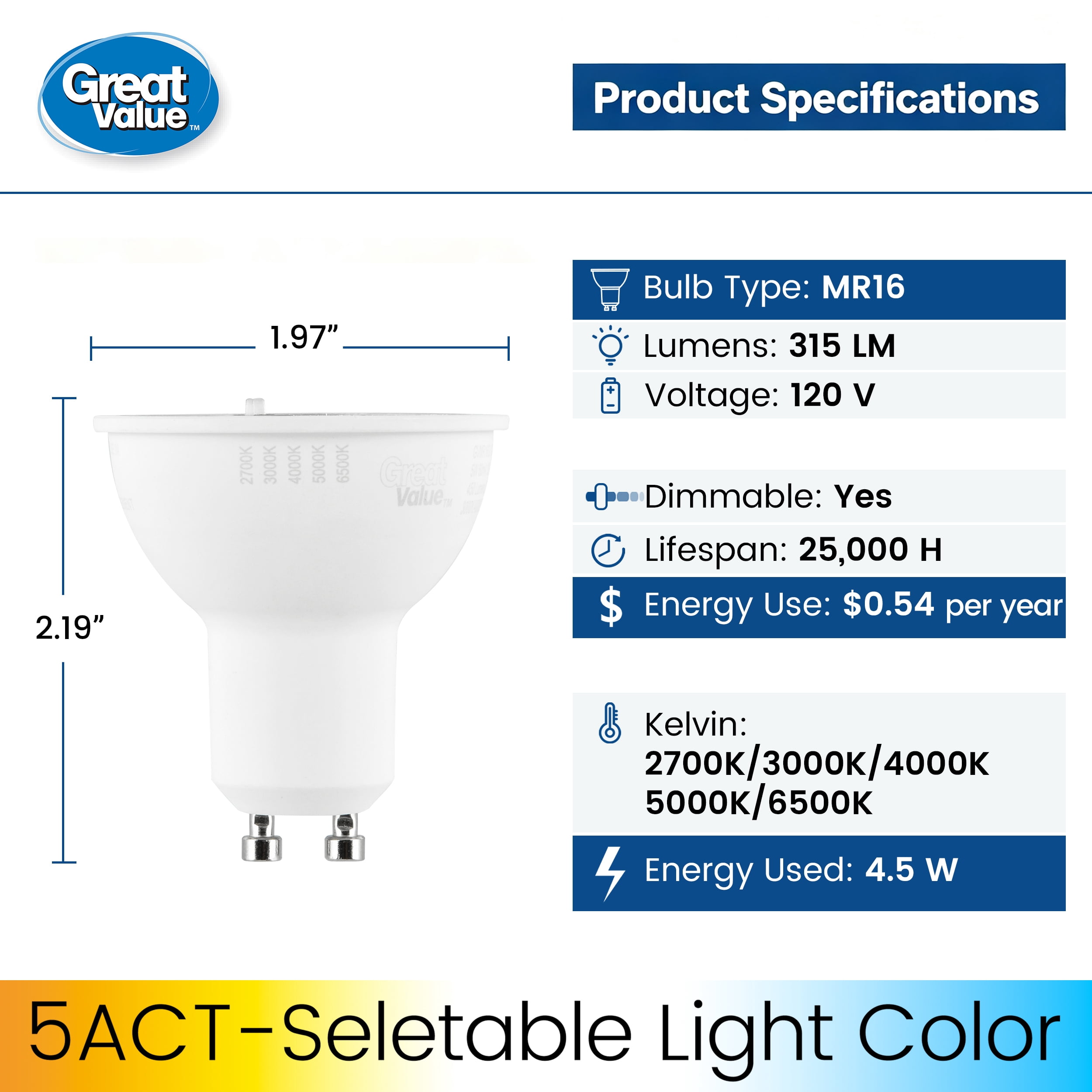 Great Value LED MR16 Indoor Spot Light Bulb, 4.5-Watts (35W Equiv) 5ACT, Dimmable, GU10 Base (3 Pack)