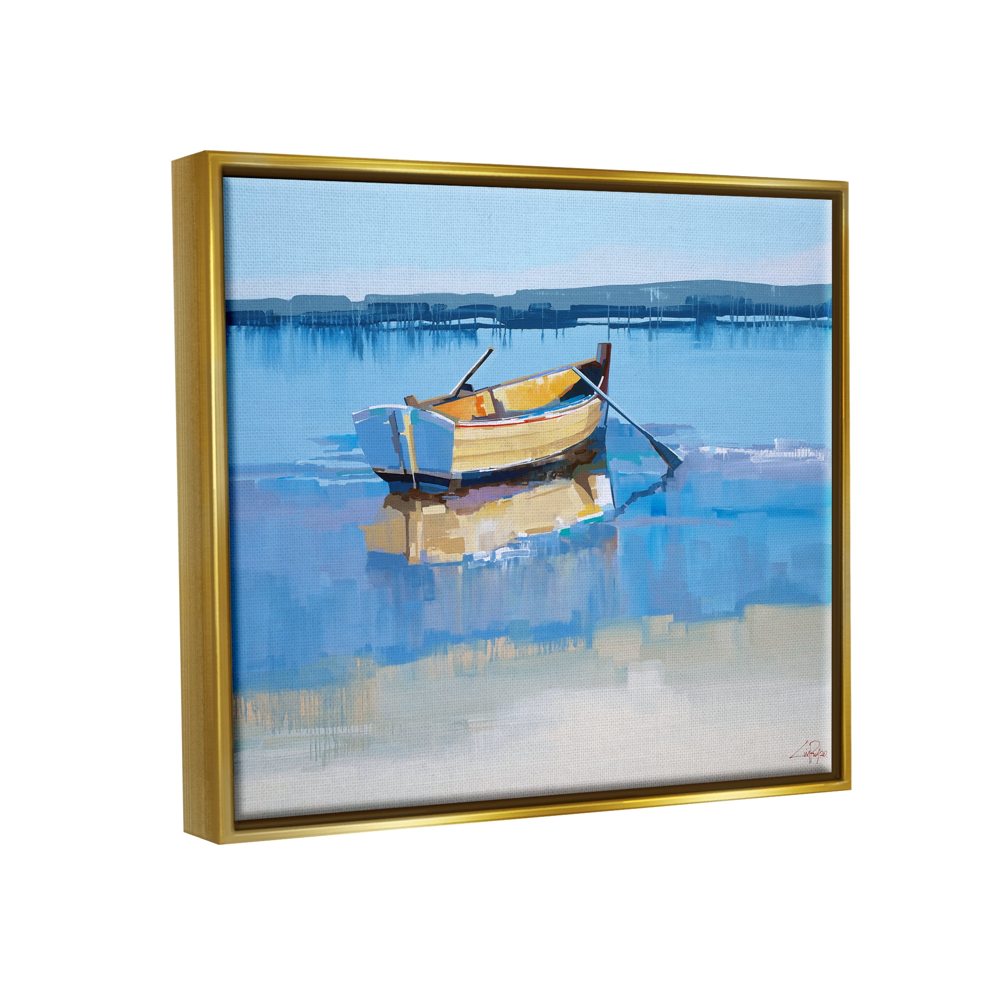 Stupell Industries Row Boat on Blue Coastal Shore Beach Landscape Metallic Gold Framed Floating Canvas Wall Art, 24x30, by Craig Trewin Penny