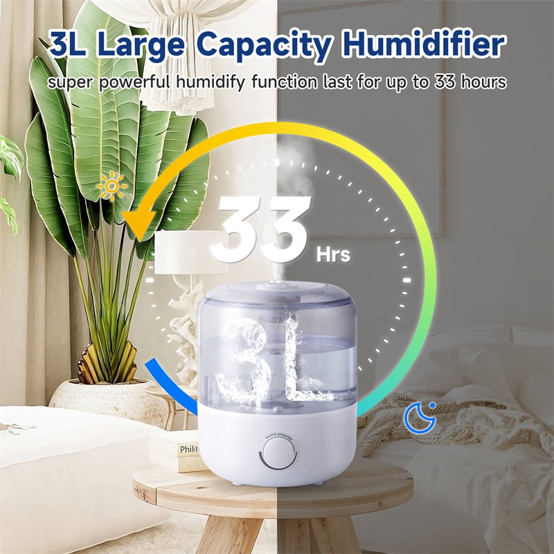 3L Humidifier, Cool Mist Humidifier for Babies, Bedroom, Nursery, Home and Office, High Precision Humidity Sensor, Plants, Large Capacity