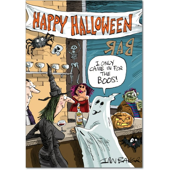 NobleWorks - In Bar for Boos - Happy Halloween Card with Envelope - Scary Halloween Gift (Greeting Card)